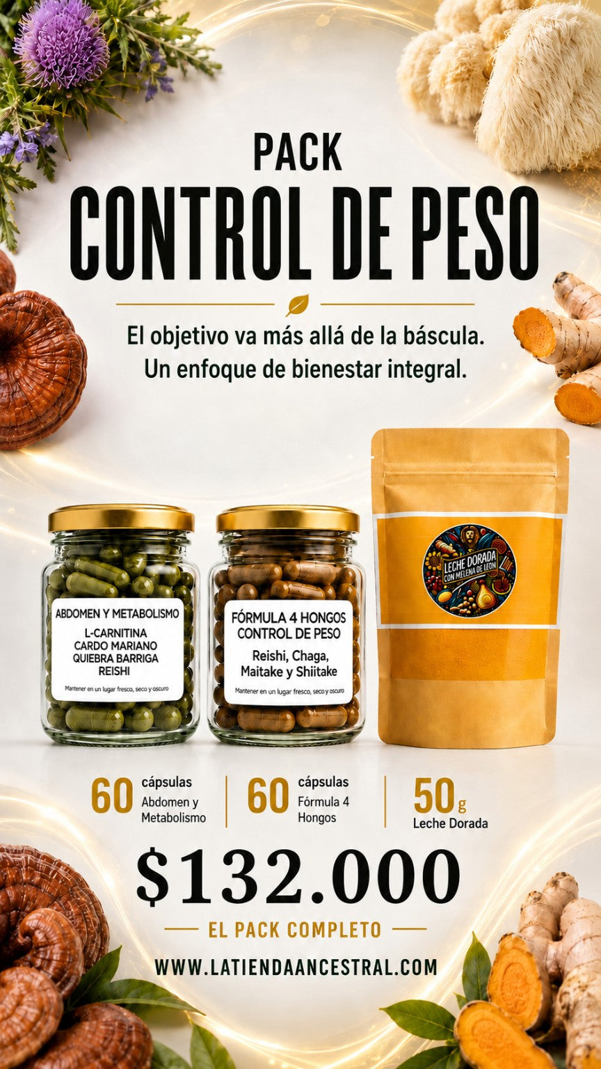 Pack Combo Abdomen & Metabolismo + Fórmula 4 Hongos Control de Peso + 50g de leche dorada