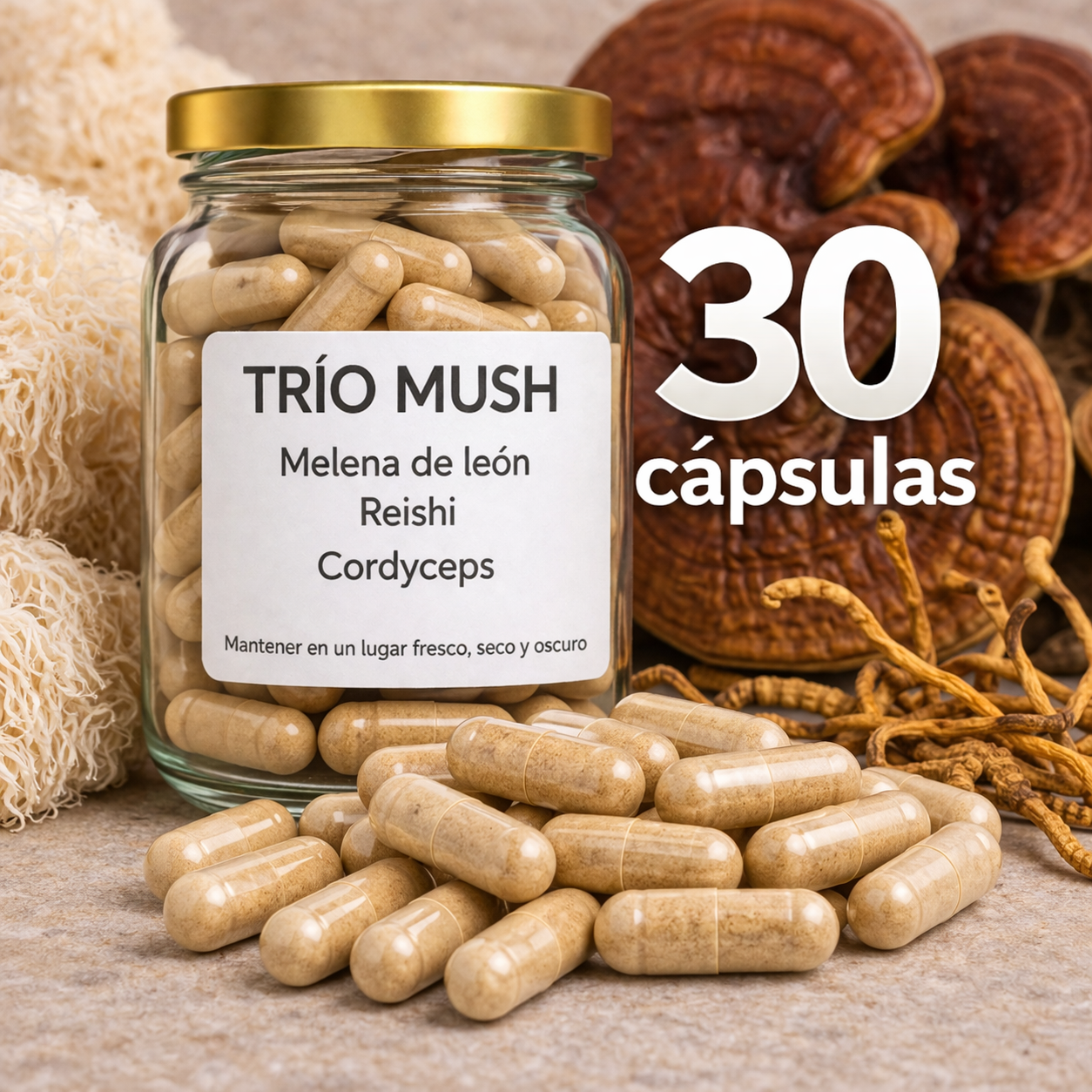 Trio Mush Melena de león, reishi y cordyceps - 30 Cápsulas
