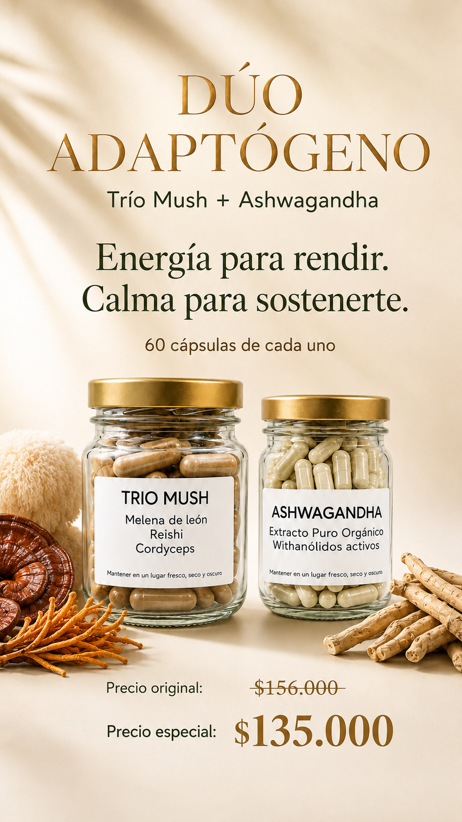 Dúo Adaptógeno- Trio Mush (melena, reishi y cordyceps) y Ashwagandha 60 c/u