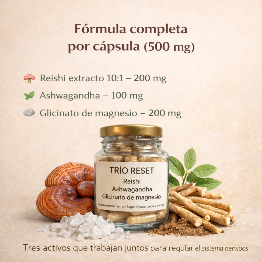 Trío RESET - Reishi, Ashwagandha y Glicinato de Magnesio (60 cápsulas)