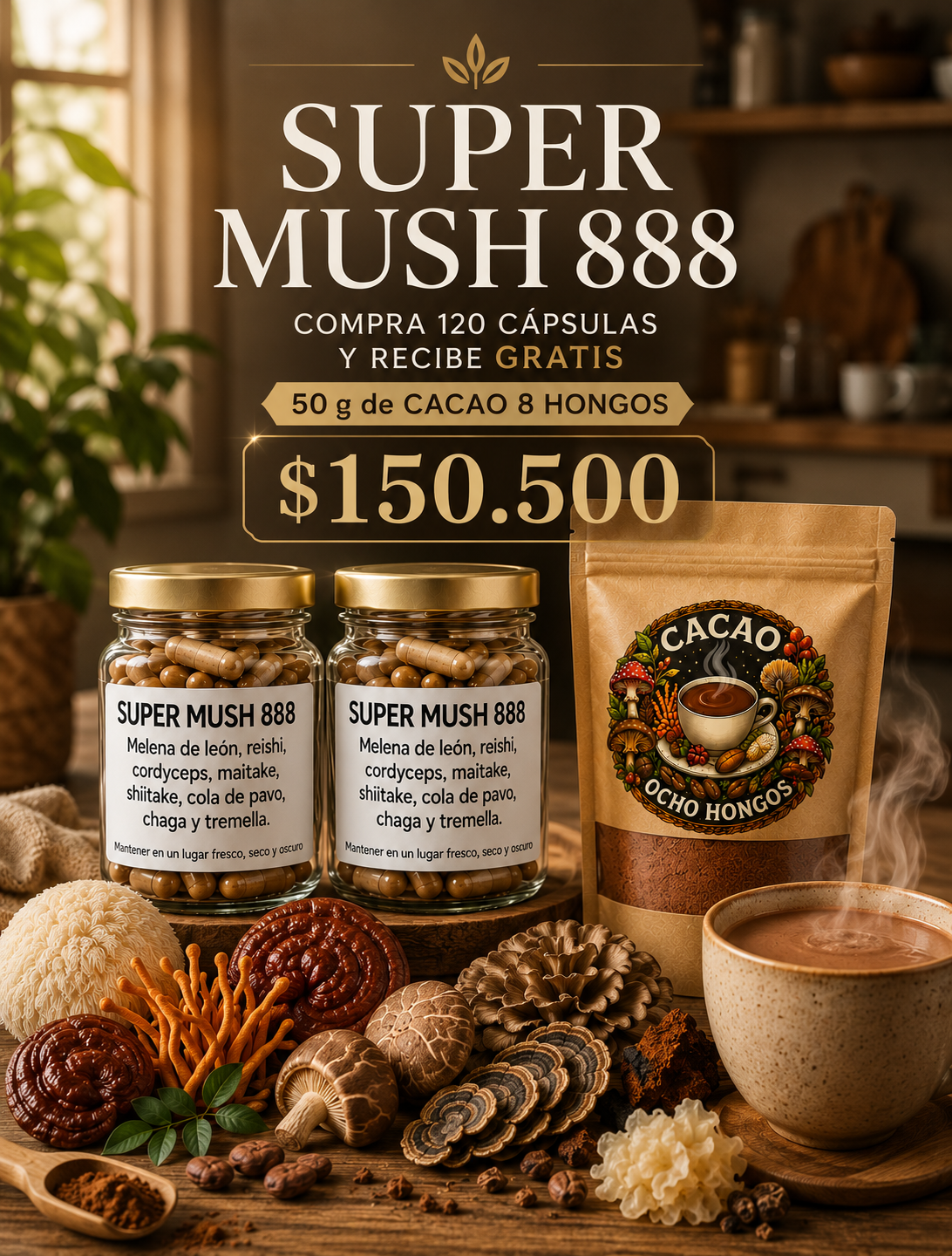 Super Mush 8 Hongos 120 cápsulas + 50g cacao 8 hongos