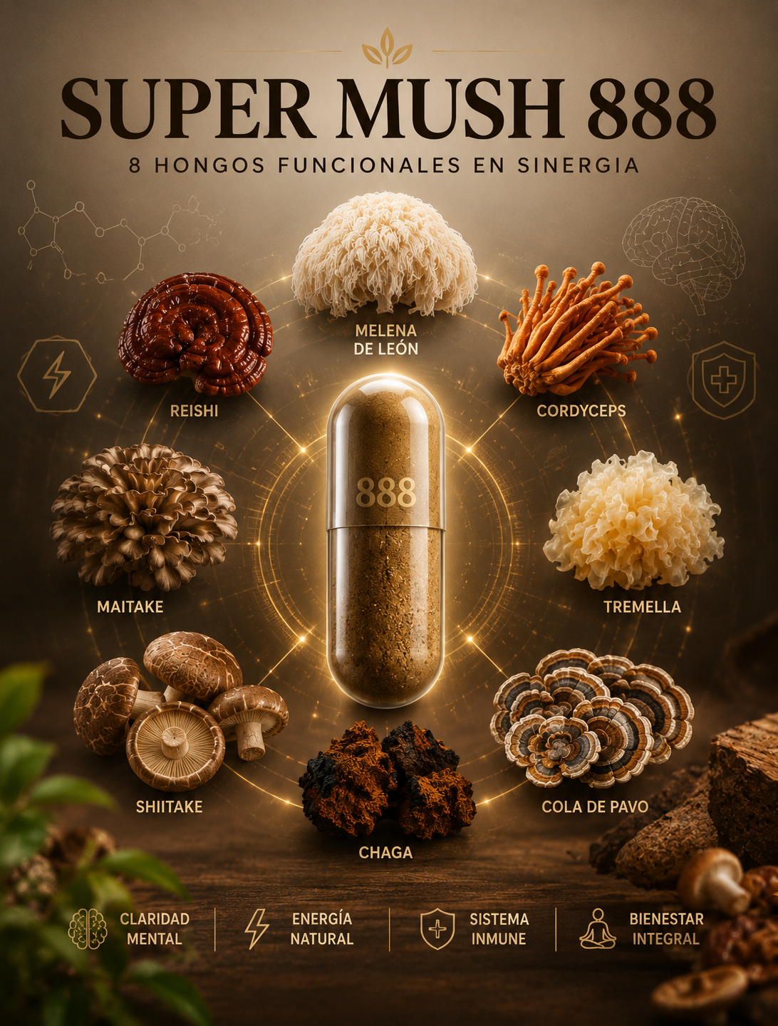 Super Mush 8 Hongos 120 cápsulas + 50g cacao 8 hongos