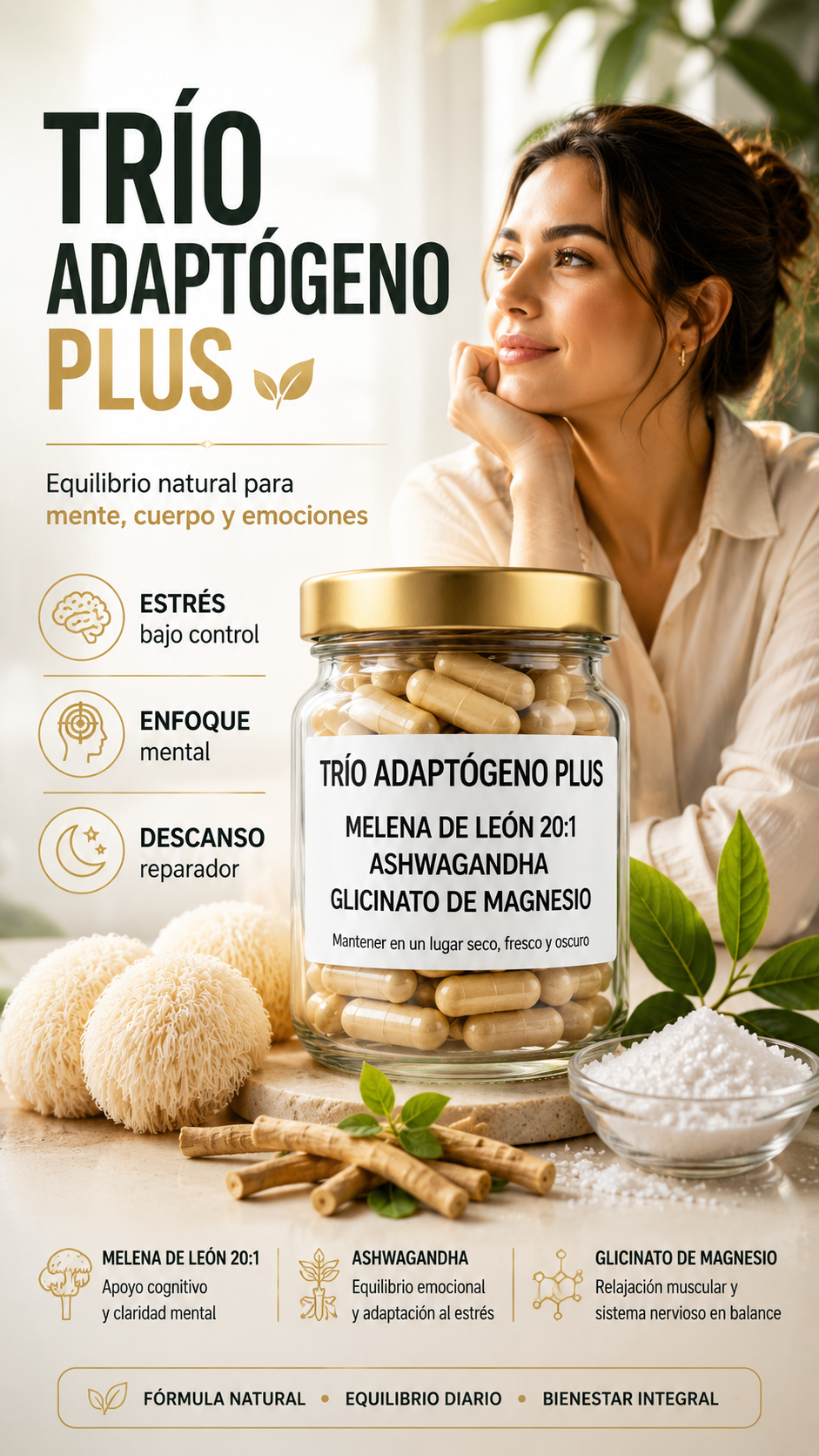 Melena de León, Ashwagandha y Glicinato de Magnesio - Trio Adaptógeno Plus