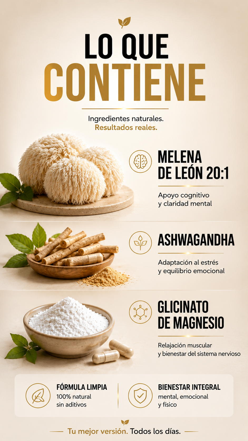 Melena de León, Ashwagandha y Glicinato de Magnesio - Trio Adaptógeno Plus