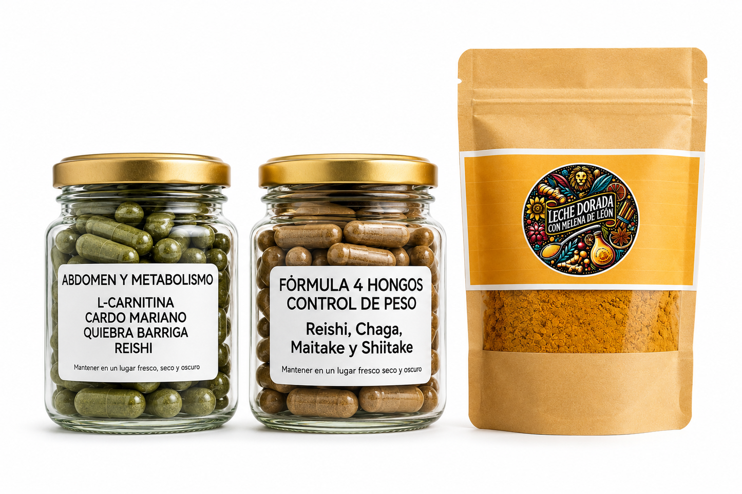 Pack Combo Abdomen & Metabolismo + Fórmula 4 Hongos Control de Peso + 50g de leche dorada