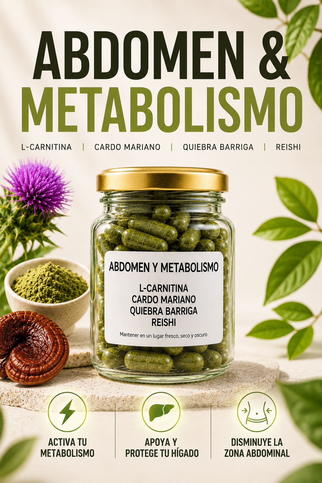 L-Carnitina + Cardo Mariano + Quiebra Barriga + Reishi 60 Cápsulas