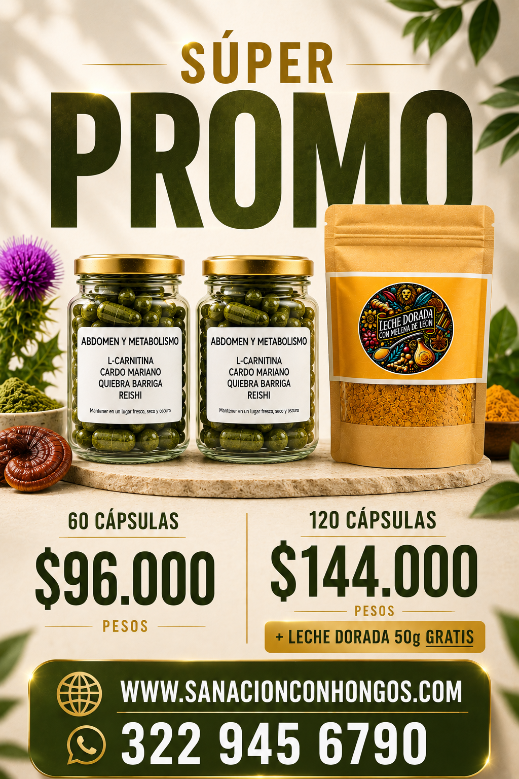 L-Carnitina + Cardo Mariano + Quiebra Barriga + Reishi 60 Cápsulas
