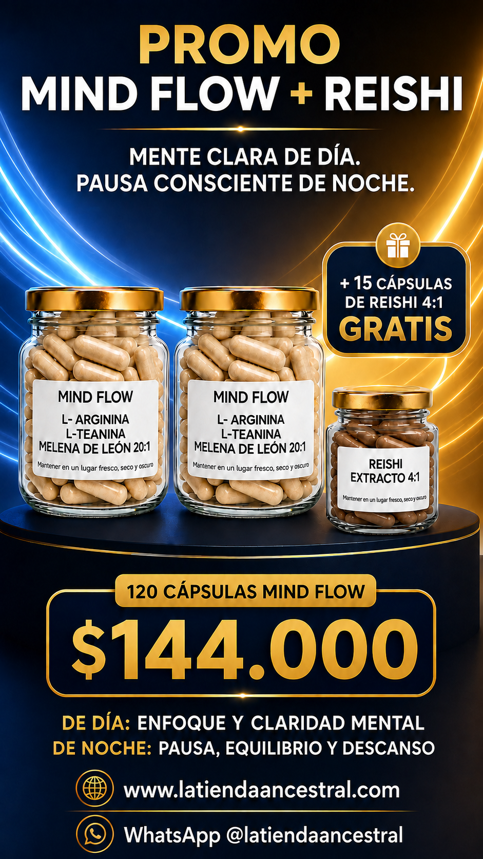 Mind Flow – Melena de león 20:1, L- Arginina y L- Teanina Foco, Claridad Mental y Calma