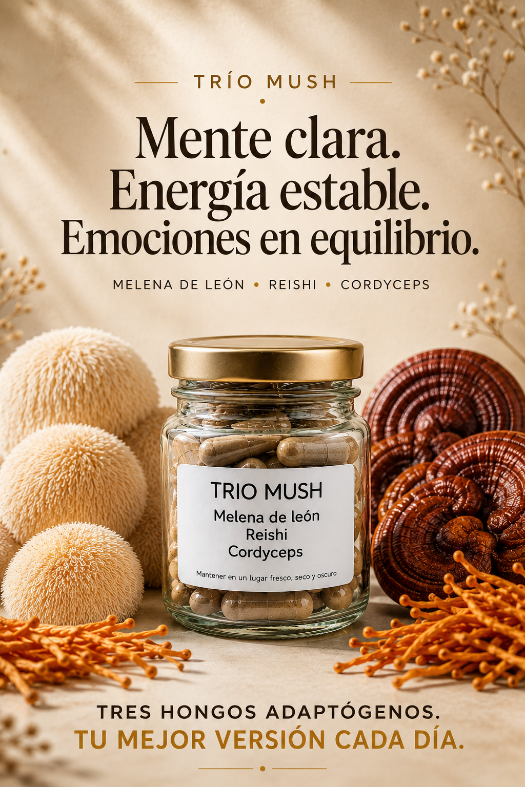 Trio Mush Melena de león, reishi y cordyceps 60 Cápsulas 500 Mg Extractos Puros