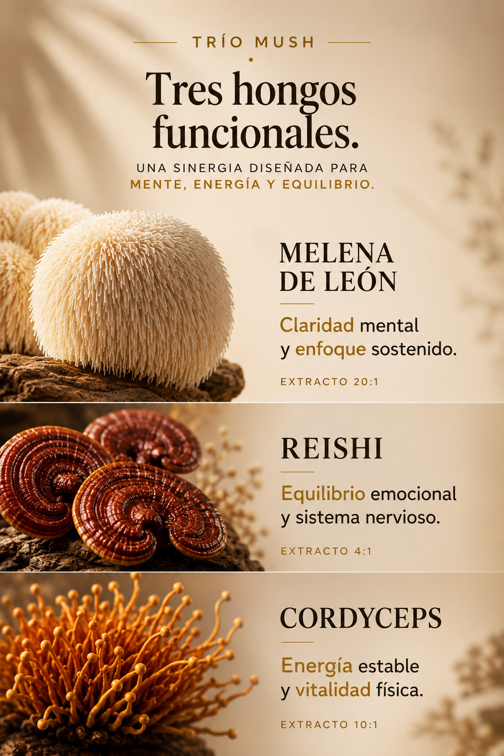 Trio Mush Melena de león, reishi y cordyceps 60 Cápsulas 500 Mg Extractos Puros