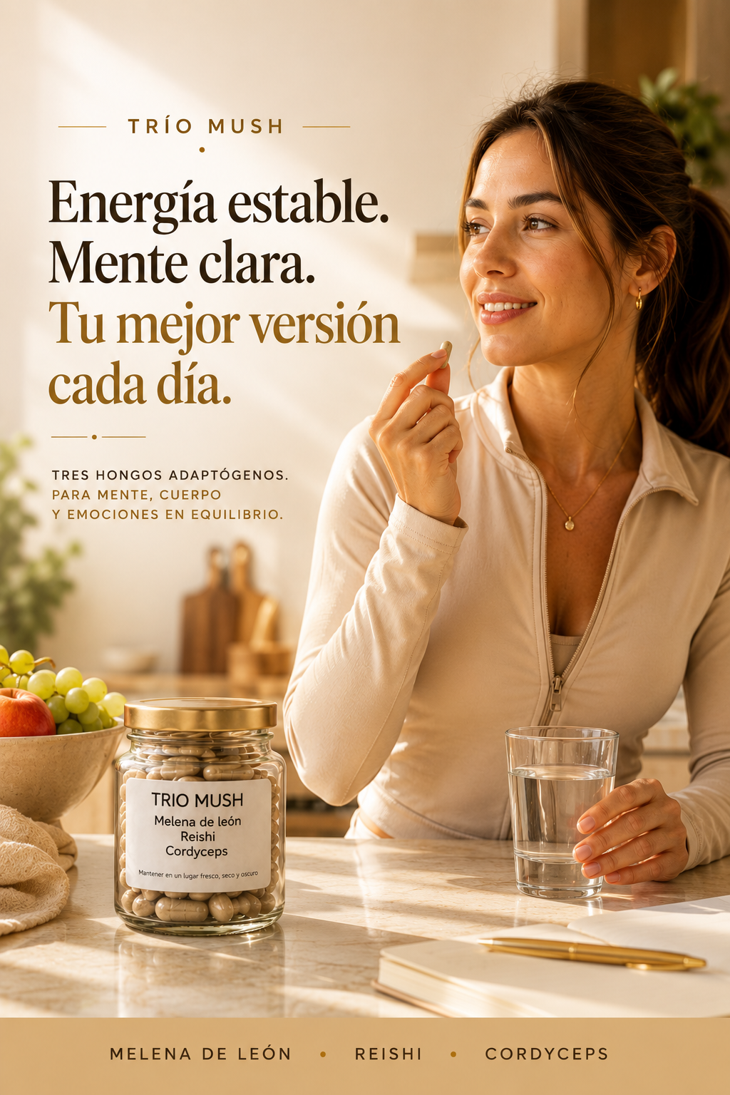 Trio Mush Melena de león, reishi y cordyceps 60 Cápsulas 500 Mg Extractos Puros