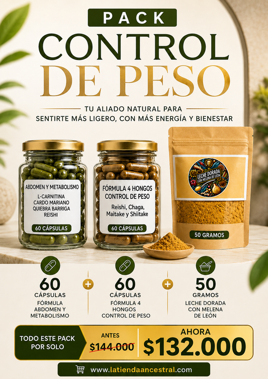 Pack Combo Abdomen & Metabolismo + Fórmula 4 Hongos Control de Peso + 50g de leche dorada