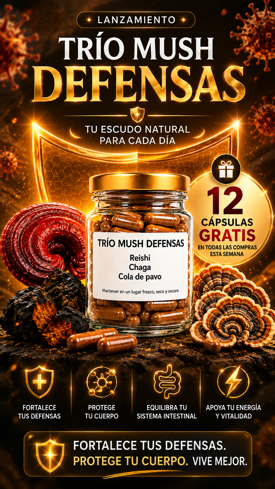 Trio Mush Defensas Reishi, Cola de pavo y Chaga - 60 Cápsulas