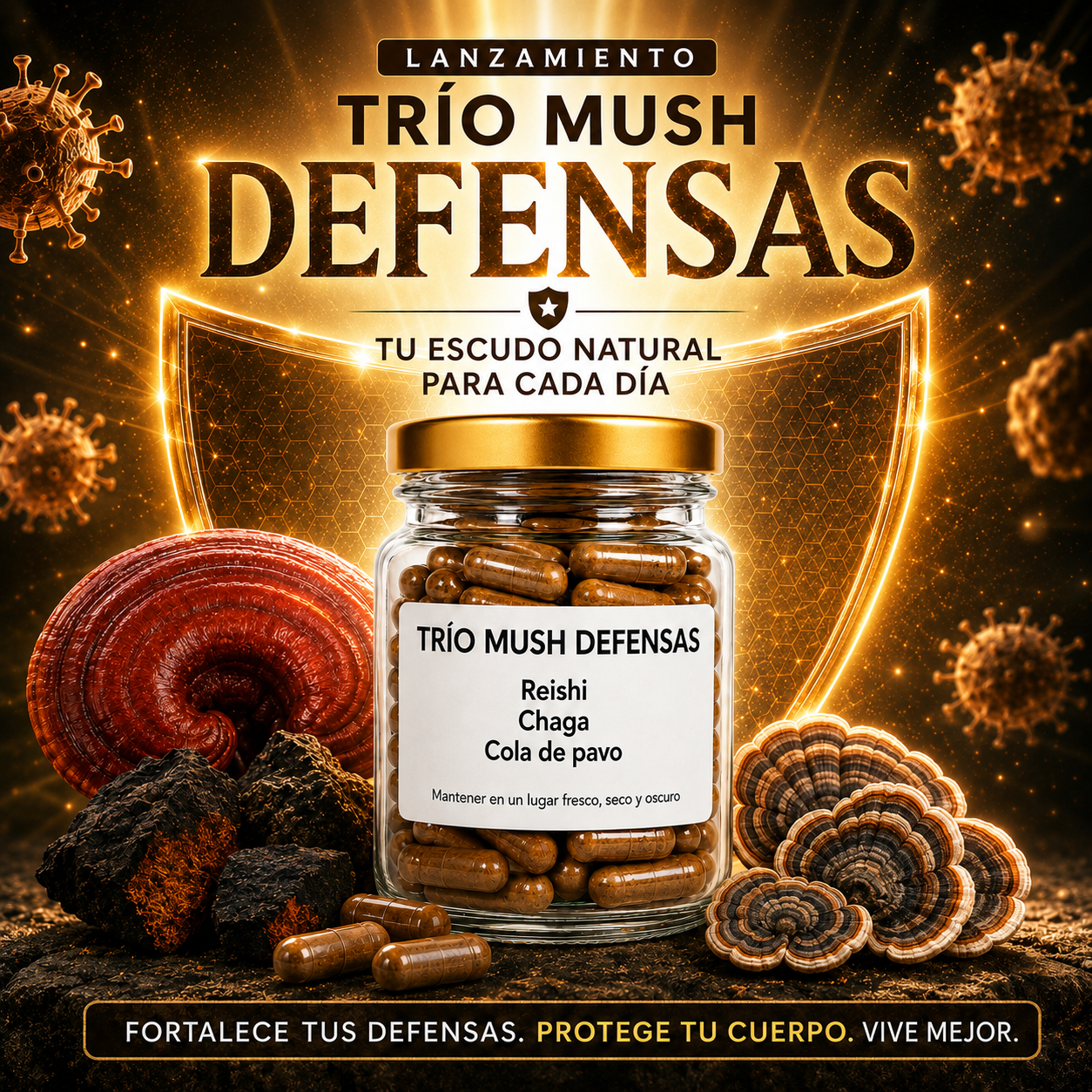 Trio Mush Defensas Reishi, Cola de pavo y chaga - 120 Cápsulas