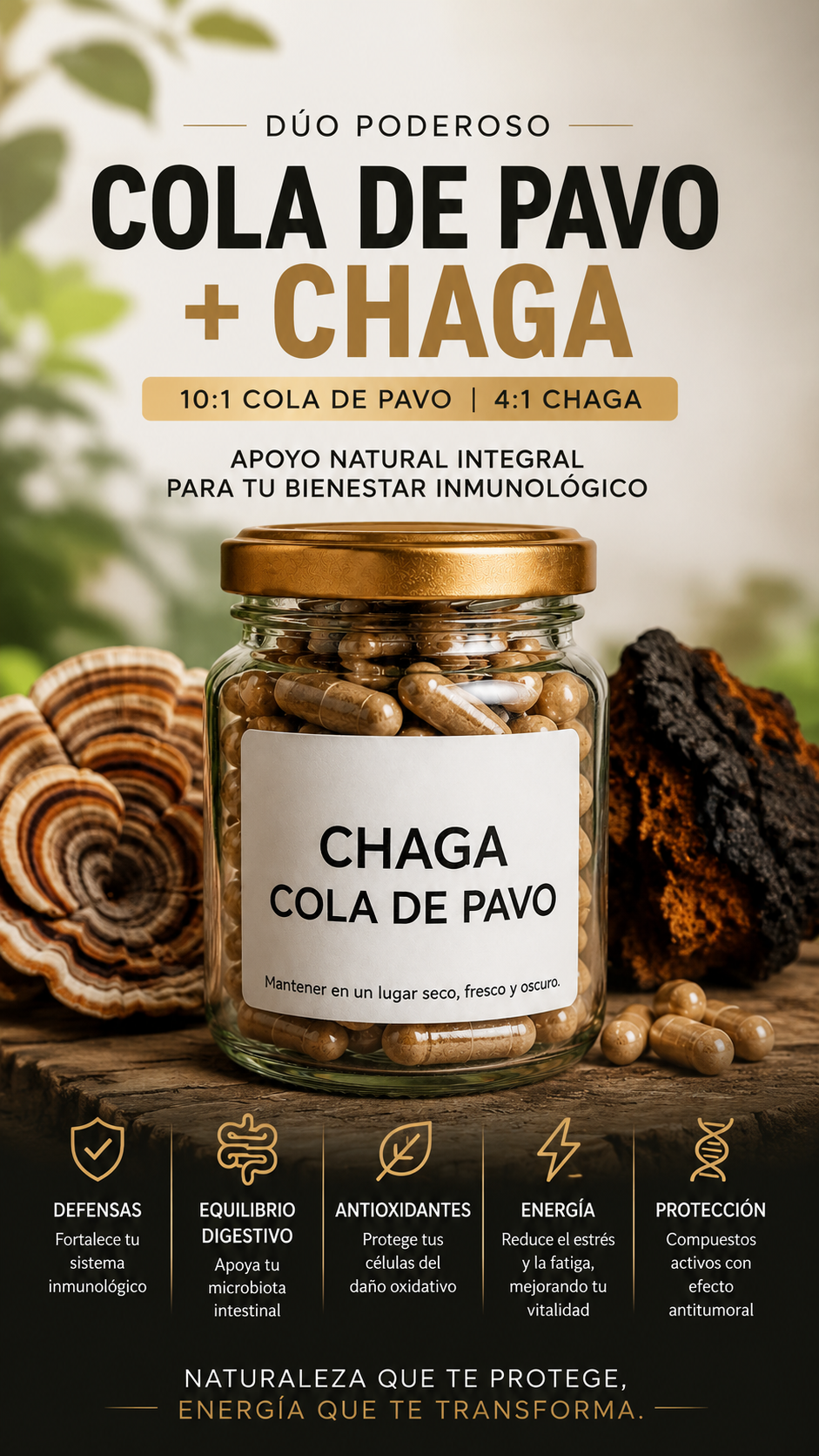 Duo Hongos Cola de Pavo y Chaga, extractos puros.