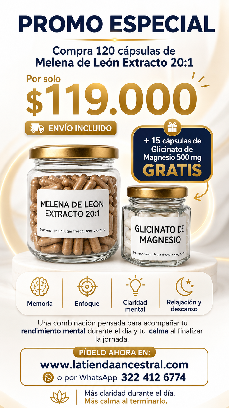 Melena de León 120 cáps + Glicinato de Magnesio 15 cáps de cortesía