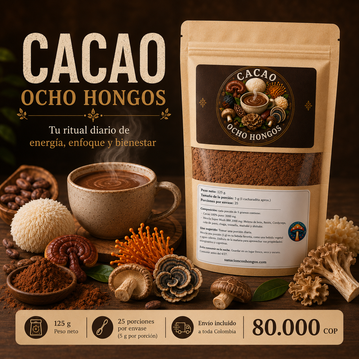 Cacao Ancestral con 8 Hongos Funcionales