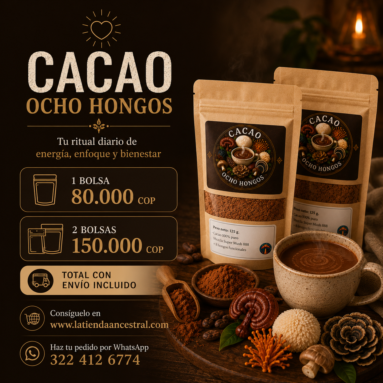 Cacao Ancestral con 8 Hongos Funcionales