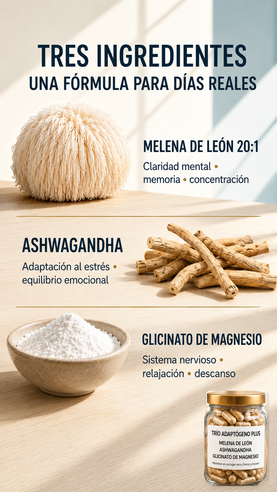 Melena de León, Ashwagandha y Glicinato de Magnesio - Trio Adaptógeno Plus