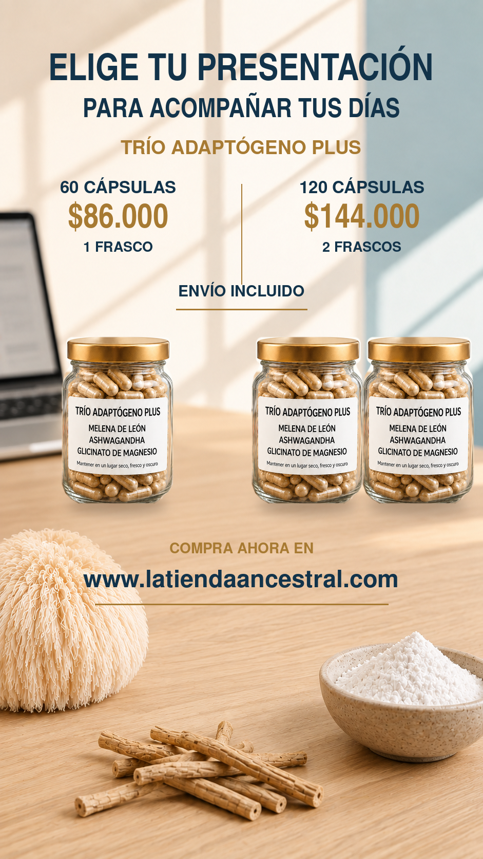Melena de León, Ashwagandha y Glicinato de Magnesio - Trio Adaptógeno Plus
